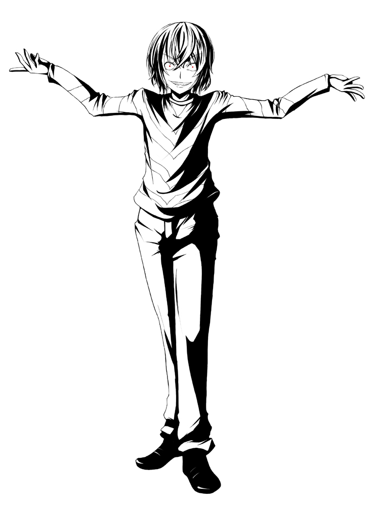 constricted_pupils evil_smile monochrome neo outstretched_arms red_eyes short_hair simple_background smile spot_color spread_arms standing to_aru_majutsu_no_index white_background