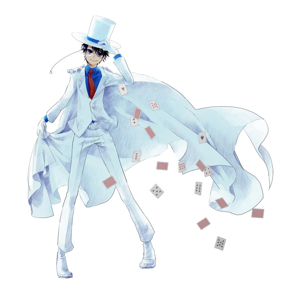 adjusting_hat belt cape card detective_conan falling_card formal glasses hat kaito_kid male md5_mismatch monocle smile solo suit white_suit