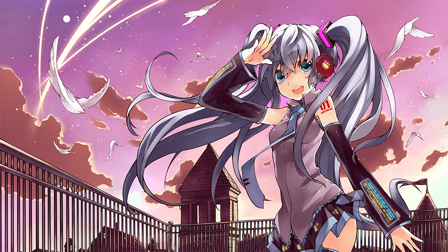 :d bird blue_hair building cloud clouds detached_sleeves dove gan_(shanimuni) hatsune_miku long_hair nail_polish necktie open_mouth salute skirt sky smile solo star star_(sky) starry_sky twintails vocaloid