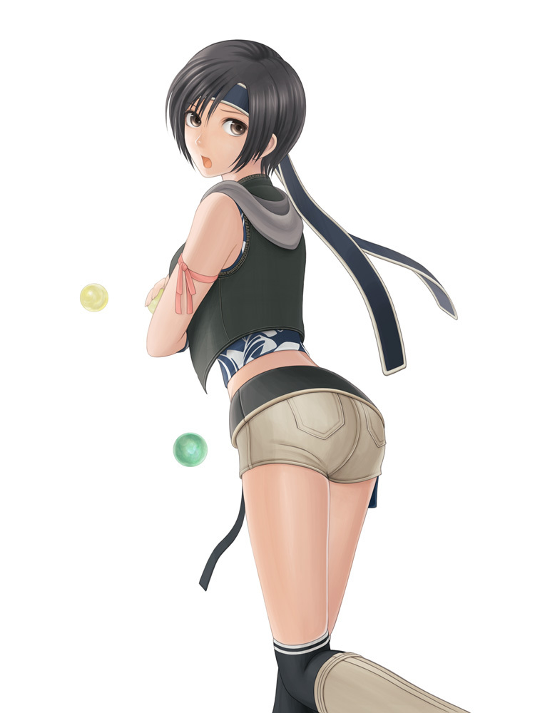 back bad_id bare_shoulders bob_cut bocorot boots brown_eyes brown_hair final_fantasy final_fantasy_vii final_fantasy_vii_advent_children headband looking_back materia midriff open_mouth short_hair shorts solo vest yuffie_kisaragi