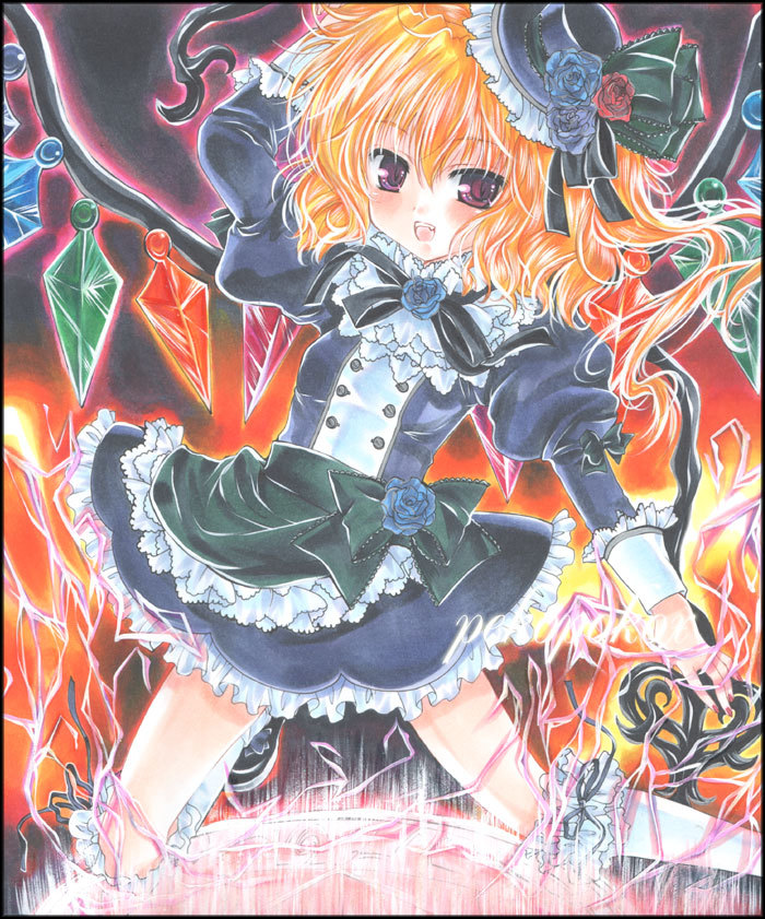 blue_rose fangs flandre_scarlet flower hat kneeling lace laevatein lightning lolita_fashion magic_circle marker_(medium) mini_top_hat nail_polish paint_(medium) pekopokox ponytail red_eyes rose shikishi short_hair side_ponytail solo top_hat touhou traditional_media wings