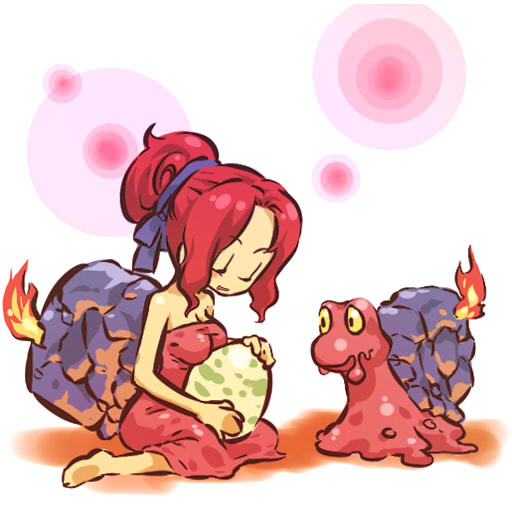 1girl closed_eyes egg fire hair_ribbon hitec magcargo moemon open_mouth personification pokemon pokemon_(creature) pokemon_(game) pokemon_gsc red_hair redhead ribbon shell sitting smile wariza yellow_eyes