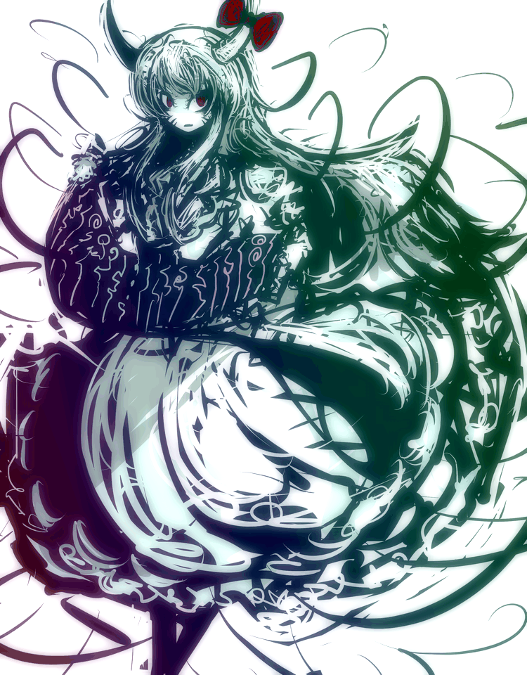 abstract bow colorful ex-keine f7(eiki) horns kamishirasawa_keine portrait red_eyes solo touhou very_long_hair