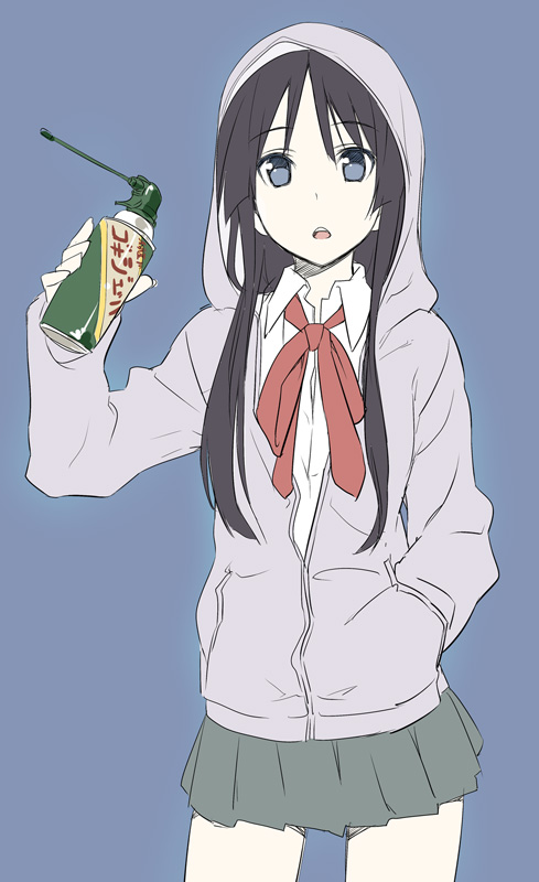 akiyama_mio black_eyes black_hair blue_eyes bow can hand_in_pocket hime_cut himura_kiseki hood hoodie insecticide k-on! long_hair no_pupils no_thank_you! portrait seifuku skirt solo spray_can twintails