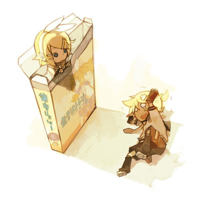 bandaid blonde_hair box brother_and_sister chibi detached_sleeves glider_(artist) guraida hair_ornament hair_ribbon hairclip headphones kagamine_len kagamine_rin leg_warmers necktie pixiv ponytail ribbon sailor_collar short_hair shorts siblings tears twins vocaloid