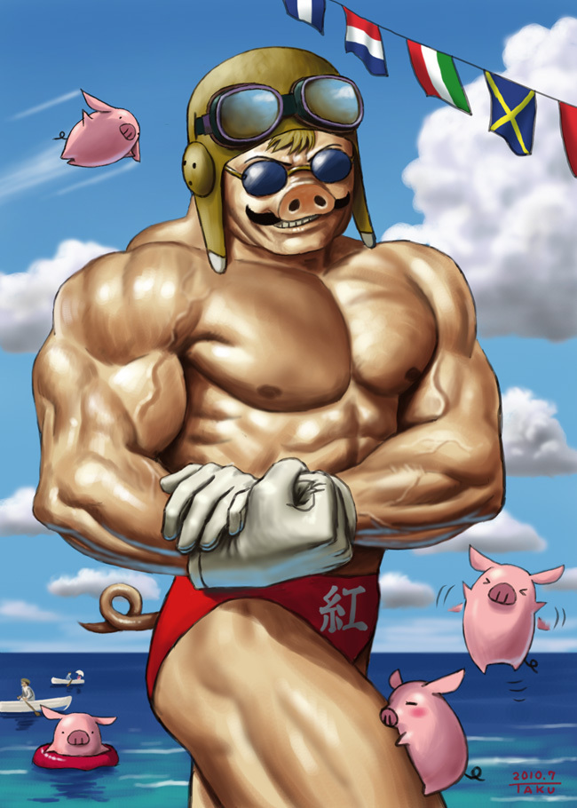 1boy 6+others animal cloud clouds facial_hair flying_pig furry ghibli goggles goggles_on_head innertube kurenai_no_buta male manly matataku muscle mustache pig porco_rosso_(character) pose realistic solo studio_ghibli sunglasses water what