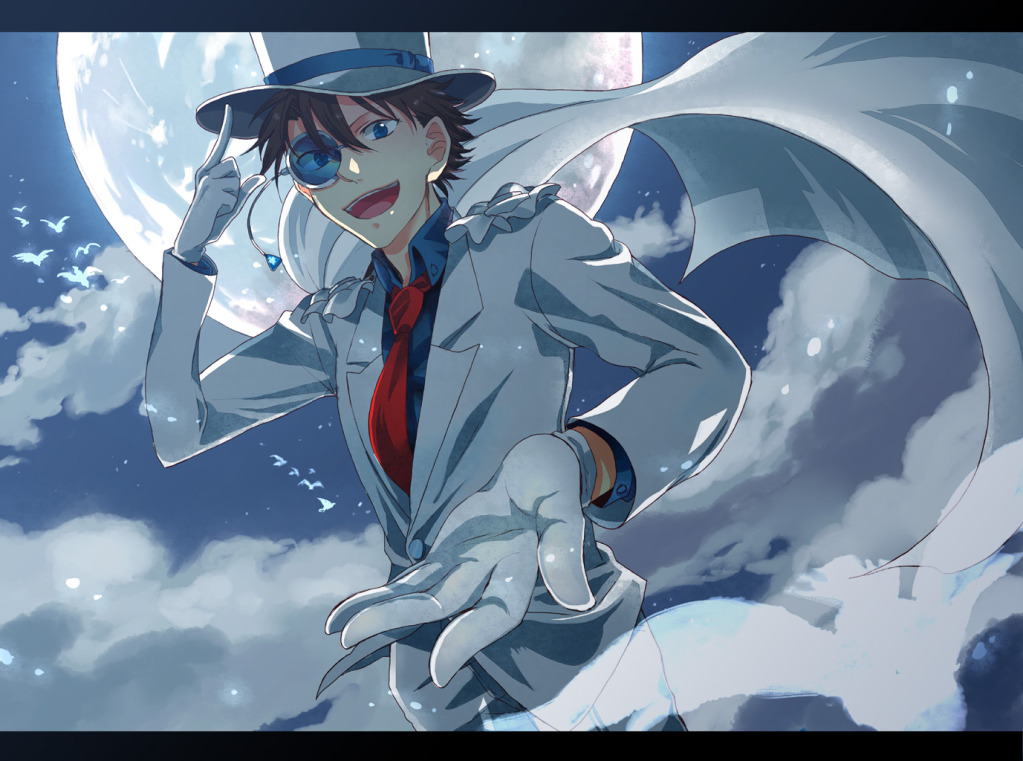 adjusting_hat blue_eyes cape detective_conan formal gloves happy ikuryomaga kaito_kid male moon night short_hair solo suit