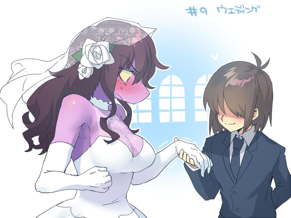1boy 1girl 4:3_aspect_ratio ahoge alternate_costume arms_behind_back bare_shoulders black_jacket black_necktie black_neckwear blush breasts bridal_veil brown_hair closed_mouth clothing collar collared_shirt colored_sclera colored_skin couple deltarune double_ahoge dress dress_shirt duo elbow_gloves eyebrows_visible_through_hair facing_another female flower formal freckles full_color gloves hair_flower hair_ornament hair_over_eyes headdress headwear holding_hands jacket kris_(deltarune) large_breasts long_hair male medium_hair necktie neckwear open_eyes purple_skin rose rose_hair_ornament rose_in_hair shirt shirt_under_jacket sidelocks smile ss_komu strapless_dress suit suit_jacket susie_(deltarune) sweat sweatdrop tuxedo veil wedding wedding_dress white_dress white_elbow_gloves white_flower white_gloves white_hair_ornament white_rose yellow_sclera