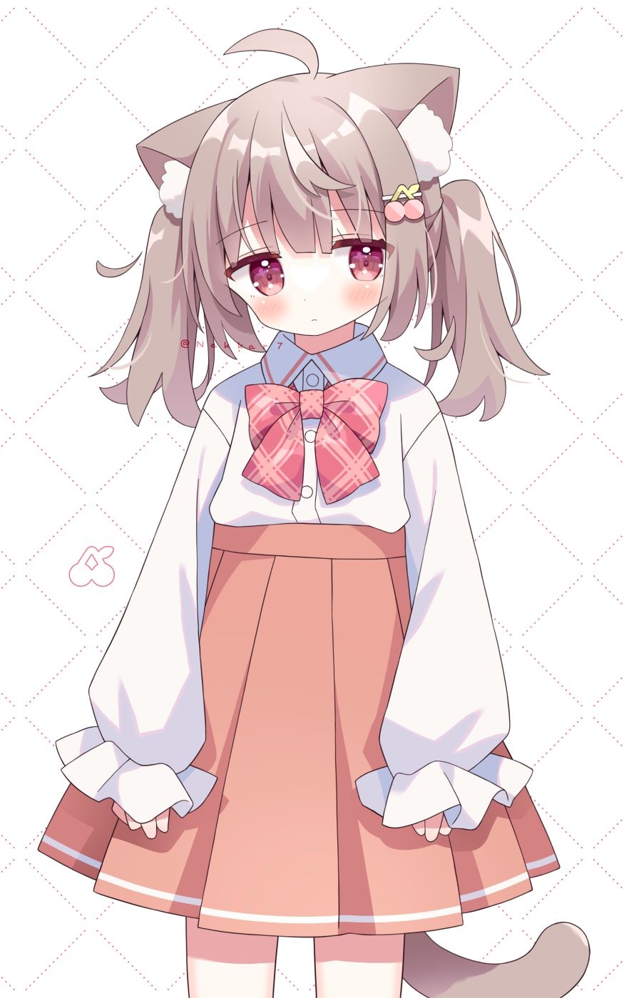 1girl ahoge animal_ear_fluff animal_ears blush bow brown_hair brown_skirt cat_ears cat_girl cat_tail cherry_hair_ornament closed_mouth collared_shirt commentary_request dress_shirt food-themed_hair_ornament frilled_sleeves frills hair_ornament hairclip highres long_sleeves nakkar original pink_bow plaid plaid_bow pleated_skirt puffy_long_sleeves puffy_sleeves red_eyes shirt skirt sleeves_past_wrists solo standing tail twintails twitter_username white_background white_shirt