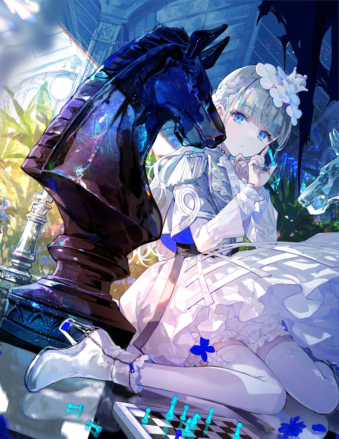 1girl aiguillette ankle_boots bishop_(chess) bloomers blue_eyes blue_nails blunt_bangs board_game boots braid chess chess_piece crown expressionless flower frilled_sleeves frills fuzichoco grey_hair hair_flower hair_ornament high_heel_boots high_heels highres holding_chess_piece king_(chess) kneeling knight_(chess) looking_at_viewer mini_crown original pawn_(chess) pillar plant queen_(chess) skirt solo thigh-highs white_bloomers white_flower white_footwear white_skirt white_thighhighs