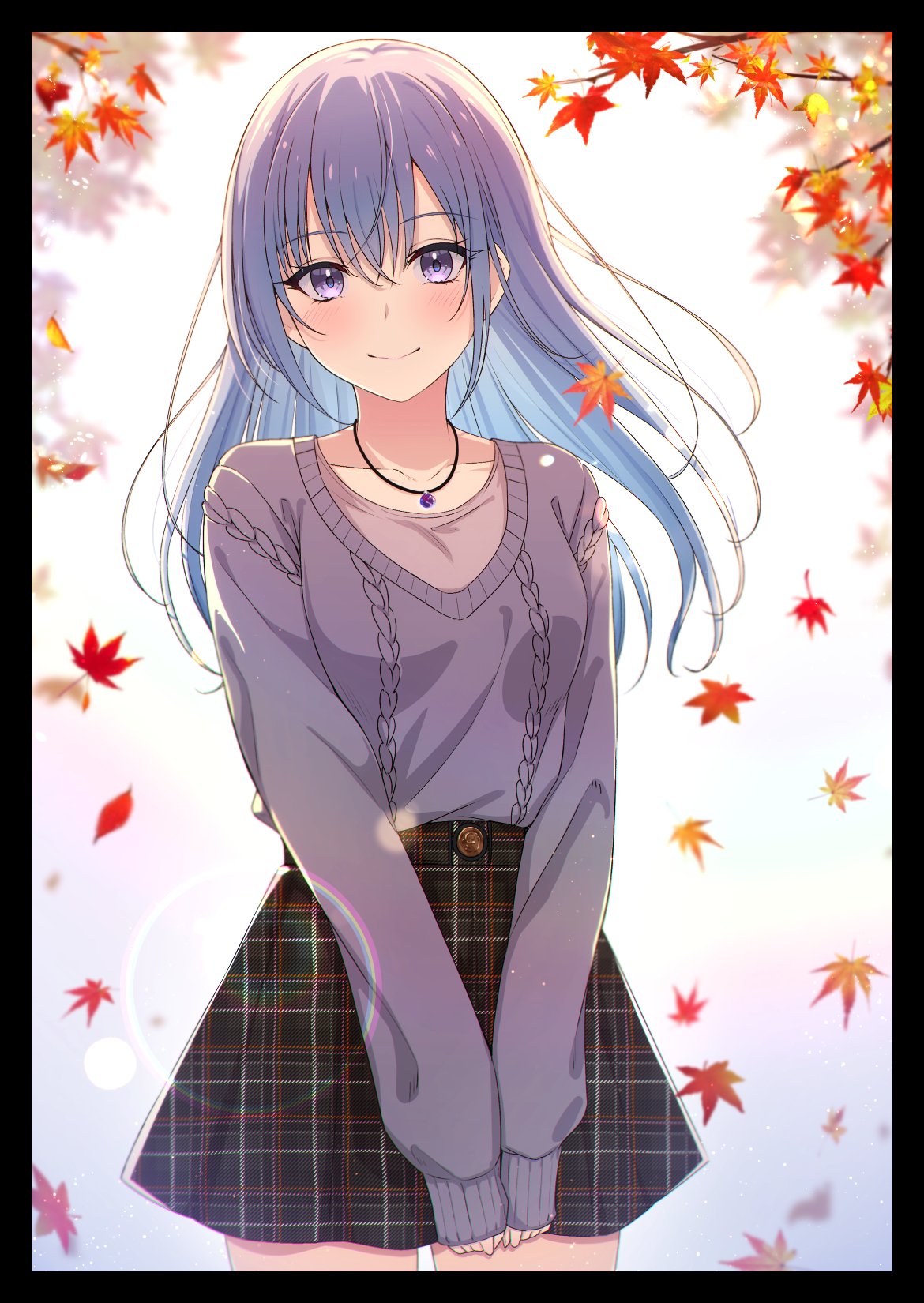 1girl blue_hair blush breasts collarbone falling_leaves highres idolmaster idolmaster_shiny_colors leaf lens_flare long_hair looking_at_viewer maple_leaf medium_breasts miyar2d2 plaid plaid_skirt purple_sweater skirt sleeves_past_wrists smile solo straight_hair suzuki_hana sweater sweater_tucked_in very_long_hair