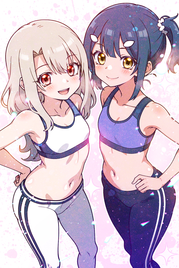2girls bare_shoulders black_hair blonde_hair blush breasts cleavage commentary_request fate/grand_order fate/kaleid_liner_prisma_illya fate_(series) from_above hair_between_eyes hanagata_kai hands_on_own_hips illyasviel_von_einzbern loli long_hair looking_at_viewer metadata_request midriff miyu_edelfelt model_request multiple_girls navel open_mouth pants red_eyes sidelocks small_breasts smile sports_bra sportswear stomach straight_hair teeth two-tone_sports_bra upper_teeth_only yellow_eyes yoga_pants