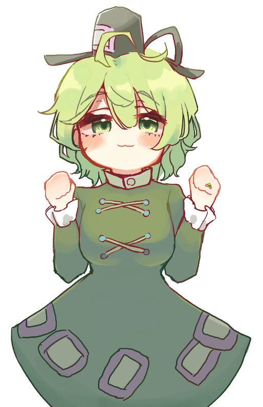 1girl ahoge black_headwear closed_mouth commentary_request cross-laced_clothes dress green_dress green_eyes green_hair hat long_sleeves looking_at_viewer looking_back short_hair simple_background soga_no_tojiko solo takana_(forsterite) tate_eboshi touhou variant_set white_background