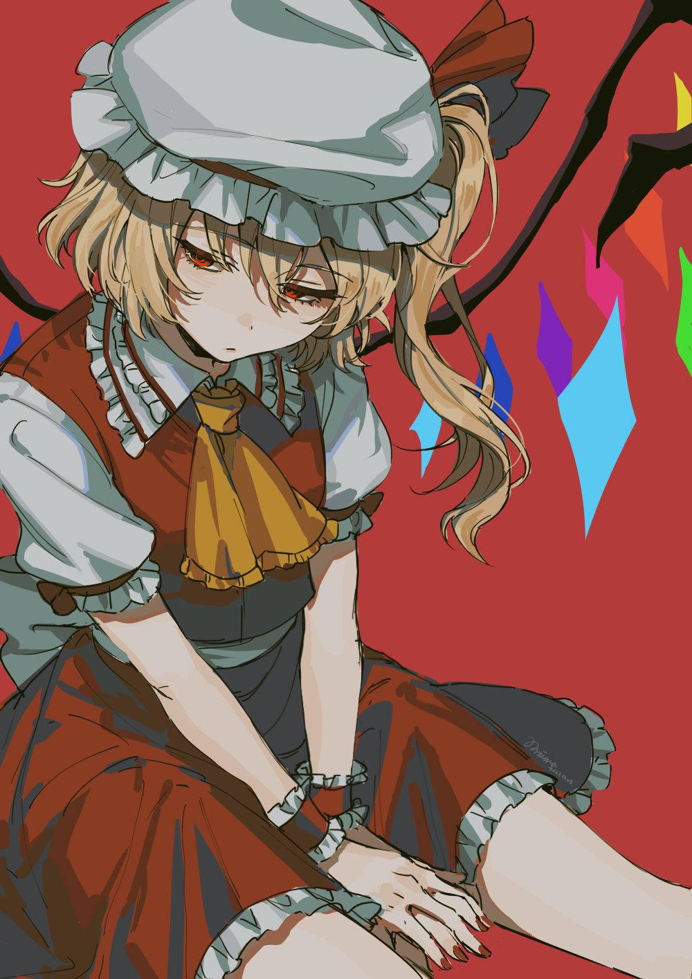 1girl blonde_hair closed_mouth crystal flandre_scarlet highres long_hair noriuma red_background red_eyes side_ponytail simple_background solo touhou wings