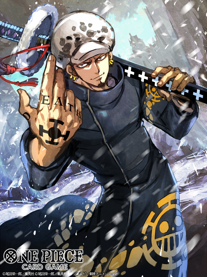 1boy black_hair closed_mouth commentary_request earrings english_text facial_hair finger_tattoo fur_hat goatee hand_tattoo hat holding holding_sword holding_weapon jewelry male_focus nijihayashi official_art one_piece short_hair sideburns smile solo sword tattoo trafalgar_law translation_request weapon