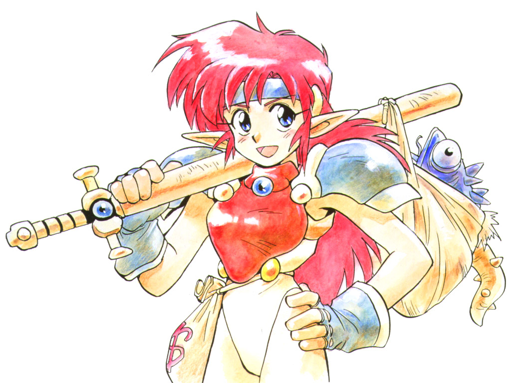 1990s_(style) armor blue_eyes blue_gloves breastplate carrying_over_shoulder cowboy_shot fingerless_gloves fish gloves headband holding holding_sword holding_weapon leotard long_hair long_pointy_ears mail_(popful_mail) money_bag non-web_source official_art open_mouth pauldrons pointy_ears popful_mail redhead retro_artstyle sack sheath sheathed shoulder_armor simple_background sword weapon white_background