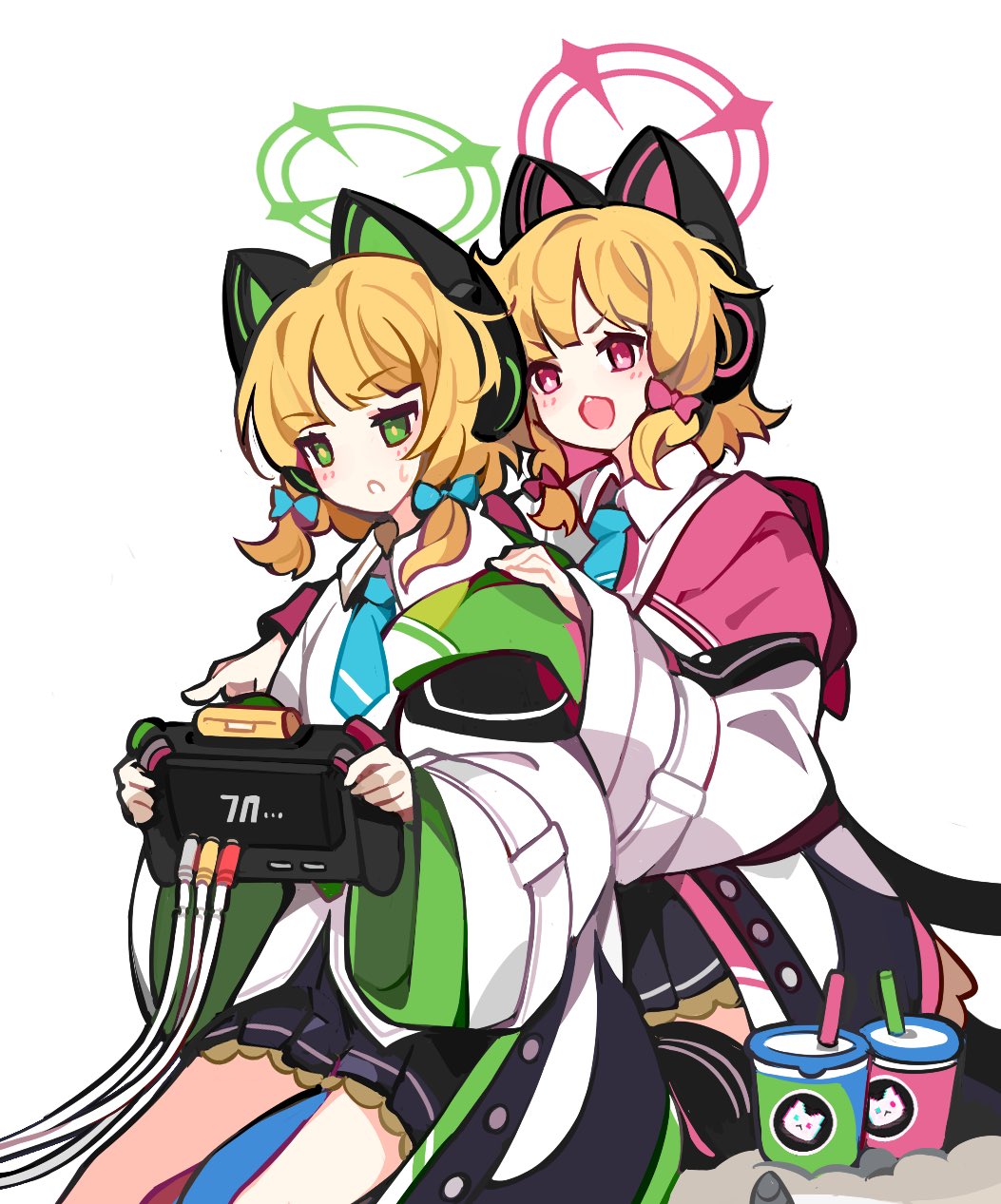 2girls animal_ear_headphones animal_ears black_skirt blonde_hair blue_archive blue_bow blue_necktie bow cable cat_ears cat_tail collared_shirt commentary_request controller cup fake_animal_ears feet_out_of_frame game_controller green_eyes green_halo hair_bow halo hand_on_another's_shoulder headphones highres holding holding_controller holding_game_controller hood hood_down hooded_jacket ideolo jacket long_sleeves looking_ahead midori_(blue_archive) momoi_(blue_archive) multiple_girls necktie off_shoulder open_mouth parted_bangs pink_bow pink_eyes pink_halo pleated_skirt revision shirt short_hair siblings simple_background sisters sitting sitting_on_object skirt tail twins v-shaped_eyebrows white_background white_jacket white_shirt wide_sleeves