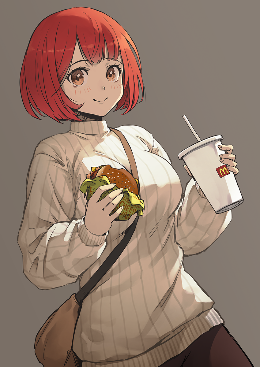 1girl bag blush breasts brown_eyes brown_pants closed_mouth cup disposable_cup drinking_straw food grey_background highres holding holding_cup holding_food jchoy looking_at_viewer mcdonald's medium_breasts original pants redhead ribbed_sweater short_hair shoulder_bag simple_background smile solo sweater turtleneck turtleneck_sweater white_sweater