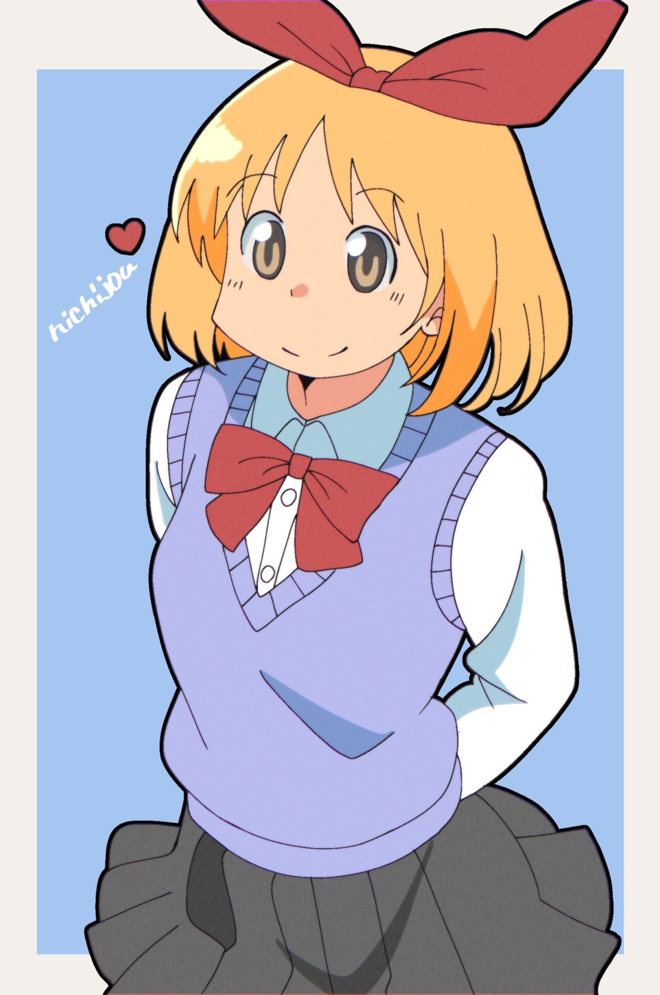 1_qtakasaki 1girl alternate_costume annaka_haruna arms_behind_back black_skirt blonde_hair blue_sweater border bow bowtie copyright_name cowboy_shot hair_bow heart highres looking_to_the_side nichijou outside_border pleated_skirt red_bow red_bowtie shirt short_hair skirt sleeveless sleeveless_sweater smile solo standing sweater white_border white_shirt yellow_eyes