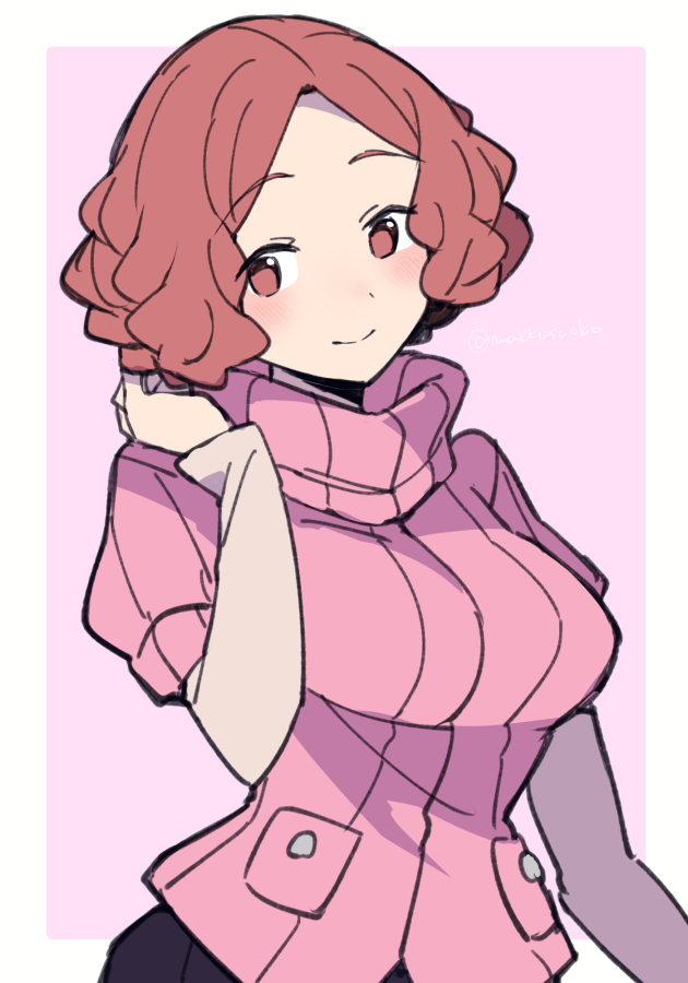 blush border brown_eyes brown_hair closed_mouth commentary do_m_kaeru forehead long_sleeves looking_at_viewer okumura_haru outside_border persona persona_5 pink_background pink_sweater pocket ribbed_sweater short_hair simple_background smile sweater wavy_hair white_border white_sleeves
