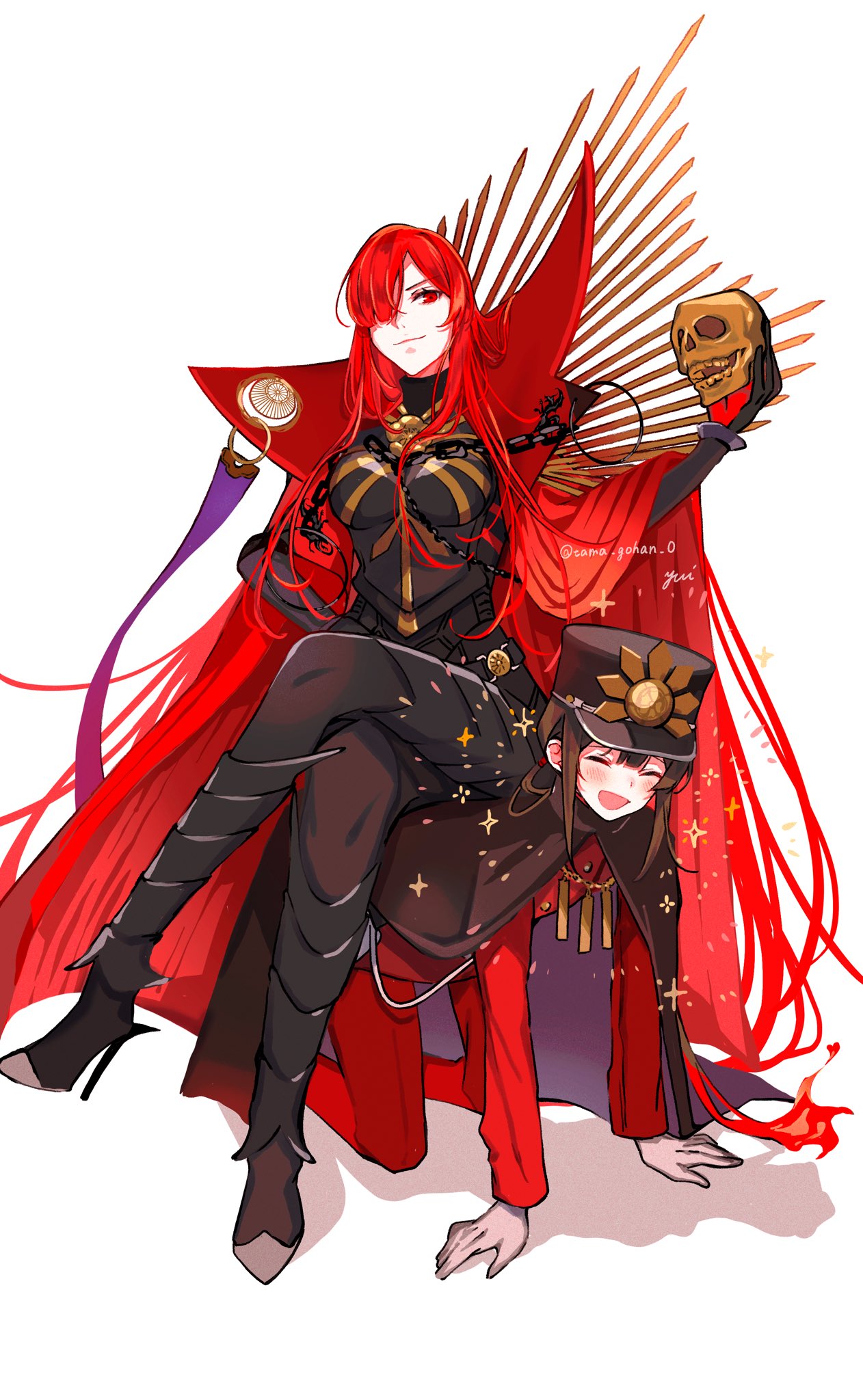 1boy 1girl all_fours black_hair brother_and_sister cape crossed_legs fate/grand_order fate_(series) fiery_hair hair_over_one_eye hat high_heels highres human_chair human_furniture long_hair oda_nobukatsu_(fate) oda_nobunaga_(fate) oda_nobunaga_(maou_avenger)_(fate) red_cape red_eyes redhead siblings sitting sitting_on_person skull smile twitter_username very_long_hair yui_(tamagohan)
