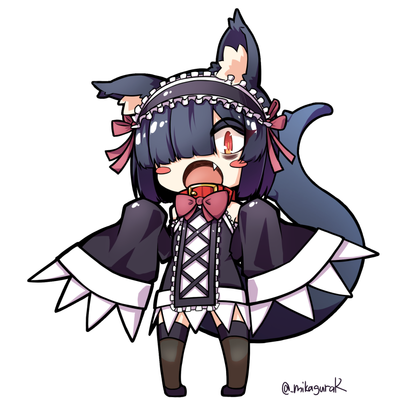 1girl animal_collar animal_ear_fluff animal_ears artist_name black_dress black_hair blush_stickers bow bowtie cat_ears chibi collar detached_sleeves dress fang full_body hair_over_one_eye hands_up lizard_tail looking_at_viewer maid maid_headdress mikagura open_mouth orange_eyes original pigeon-toed red_collar short_hair simple_background sleeves_past_fingers sleeves_past_wrists solo standing tail thigh-highs twitter_username very_long_sleeves white_background