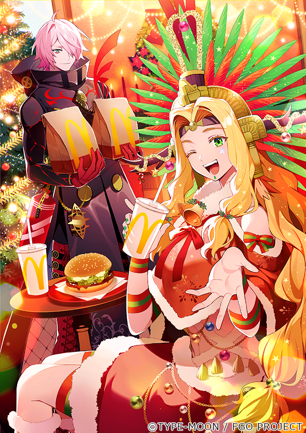 1boy 1girl ;d bag beckoning bell black_coat burger christmas christmas_ornaments christmas_tree closed_mouth coat copyright_notice cup disposable_cup dress drinking_straw fast_food fate/grand_order fate_(series) feather_hair_ornament feathers feet_out_of_frame food fur-trimmed_dress fur_trim gloves hair_ornament hair_over_one_eye hanging_light headdress holding holding_bag holding_cup jingle_bell karna_(fate) karna_(santa)_(fate) low-tied_sidelocks mcdonald's meiji_ken official_art one_eye_closed paper_bag parted_bangs quetzalcoatl_(fate) quetzalcoatl_(samba_santa)_(fate) red_gloves ribbon sandbag sitting smile standing table