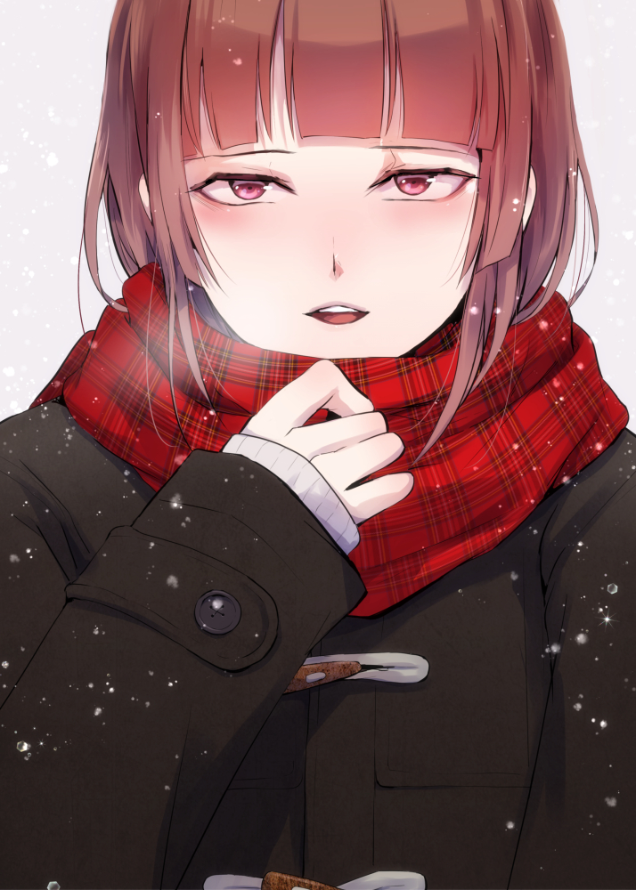 1boy black_jacket blunt_bangs brown_hair jacket locon looking_at_viewer male_focus open_mouth original plaid plaid_scarf red_scarf scarf snowing solo violet_eyes