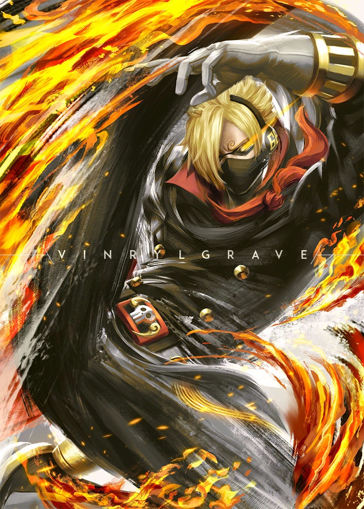 1boy artist_name blonde_hair commentary curly_eyebrows english_commentary fire gauntlets hair_over_one_eye headphones high_kick kicking male_focus mask mouth_mask official_alternate_costume one_eye_covered one_piece red_scarf sanji_(one_piece) scarf short_hair solo sunglasses vinrylgrave