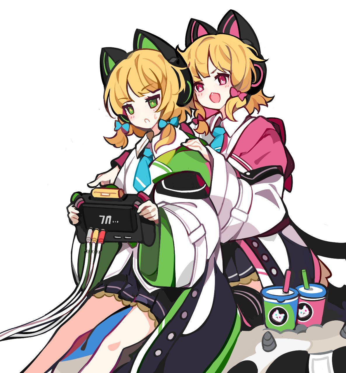 2girls animal_ear_headphones animal_ears black_skirt blonde_hair blue_archive blue_bow blue_necktie bow cable cat_ears cat_tail collared_shirt commentary_request controller cup fake_animal_ears game_controller green_eyes hair_bow hand_on_another's_shoulder headphones highres holding holding_controller holding_game_controller hood hood_down hooded_jacket ideolo jacket long_sleeves looking_ahead midori_(blue_archive) momoi_(blue_archive) multiple_girls necktie off_shoulder open_mouth parted_bangs pink_bow pink_eyes pleated_skirt shirt short_hair siblings simple_background sisters sitting sitting_on_object skirt tail twins v-shaped_eyebrows white_background white_jacket white_shirt wide_sleeves