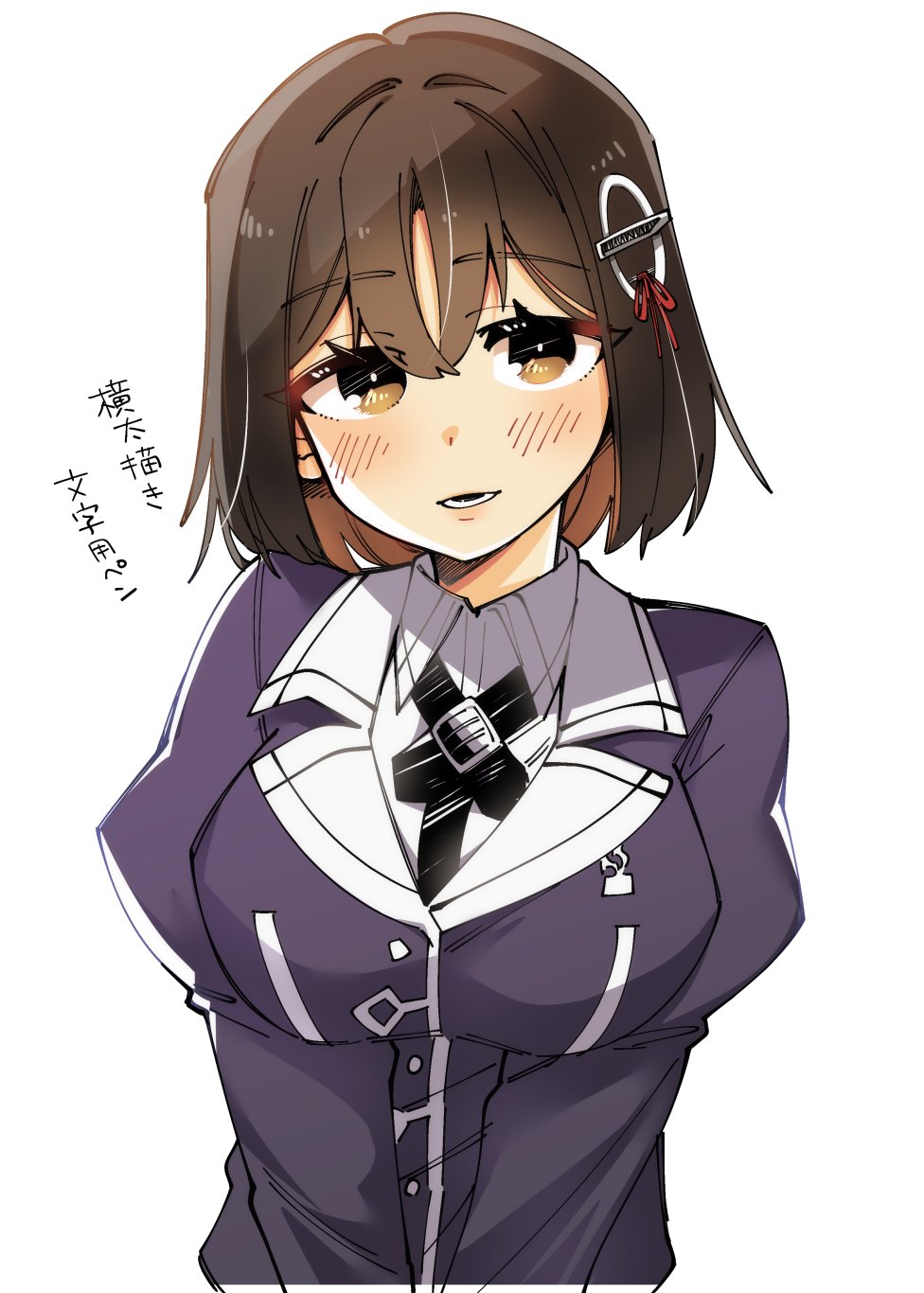 1girl black_hair blush breasts brown_eyes haguro_(kancolle) haguro_kai_ni_(kancolle) hair_ornament higaragi highres jacket kantai_collection long_sleeves looking_at_viewer medium_breasts military military_uniform neckerchief open_mouth purple_jacket short_hair smile solo uniform upper_body white_background