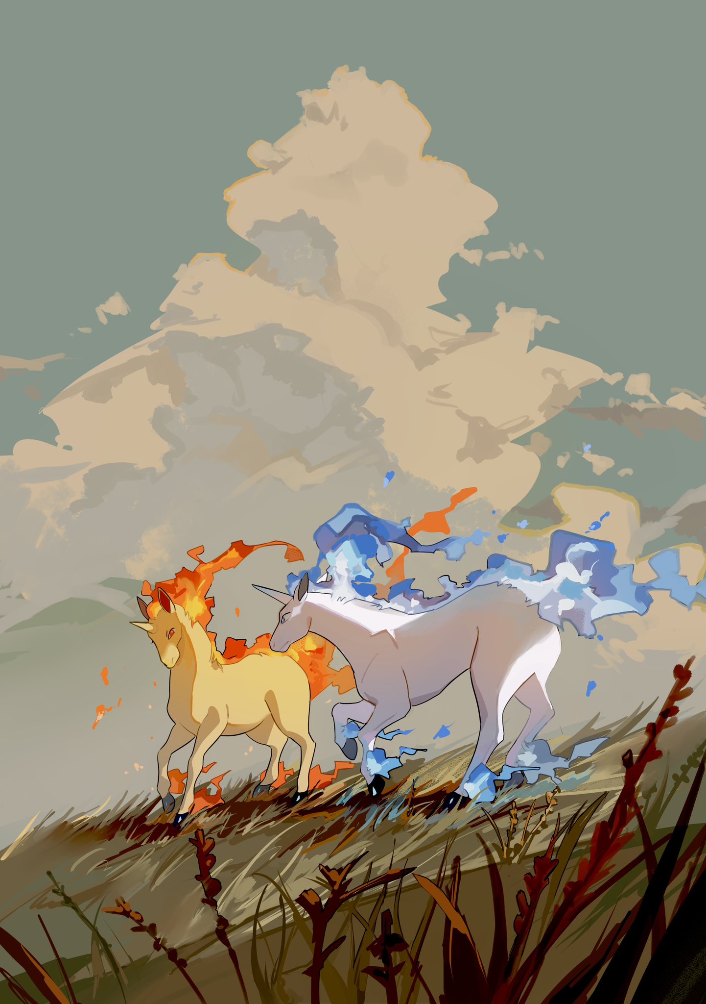 alternate_color blue_fire clouds day fire from_side grass highres no_humans outdoors pokemon pokemon_(creature) rapidash shiny_pokemon sky standing two_pokemon