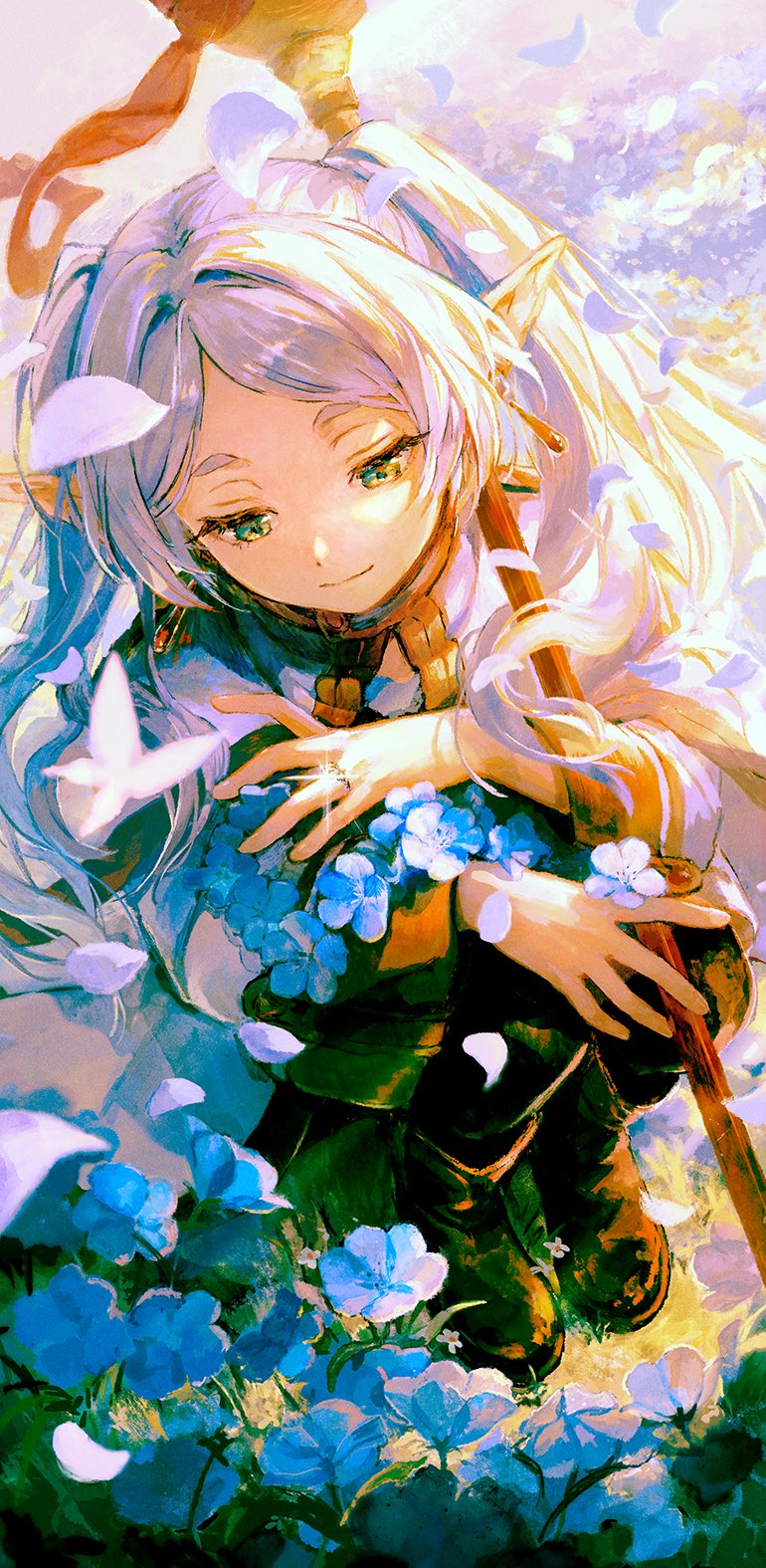 1girl blue_flower bug butterfly capelet closed_mouth earrings falling_petals field flower flower_field frieren green_eyes highres holding holding_wand jewelry light_particles long_hair looking_down maij outdoors parted_bangs petals pointy_ears ring short_eyebrows sky smile solo sousou_no_frieren sunlight thick_thighs thighs twintails wand white_capelet white_hair