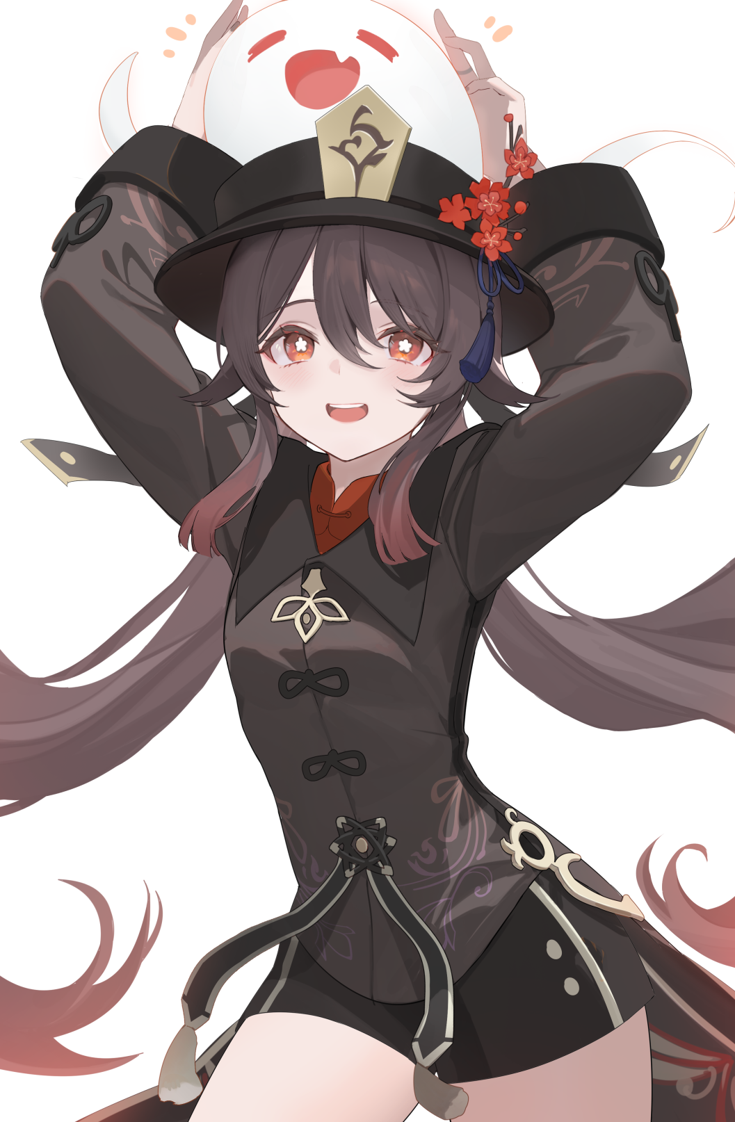 1girl :d =_= arms_up black_shorts boo_tao_(genshin_impact) brown_coat brown_hair coat collared_coat colored_tips commentary_request cowboy_shot flower flower-shaped_pupils genshin_impact ghost hat hat_flower hat_tassel highres hu_tao_(genshin_impact) long_hair long_sleeves looking_at_viewer misuzu0342 multicolored_hair open_mouth plum_blossoms porkpie_hat red_eyes redhead shorts simple_background smile solo symbol-shaped_pupils tailcoat tassel twintails very_long_hair white_background