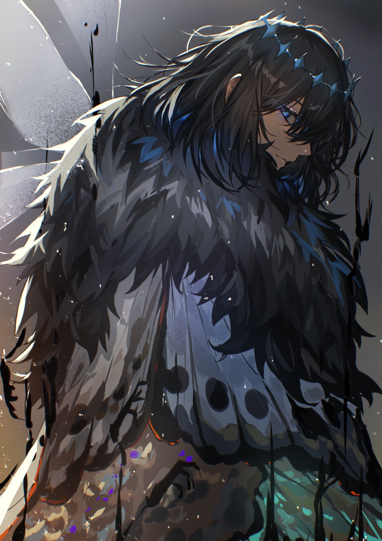 1boy black_hair blue_eyes butterfly_wings cape cloak crown dark dragonfly_wings fate/grand_order fate_(series) fur-trimmed_cape fur-trimmed_cloak fur_trim highres insect_wings male_focus medium_hair miroku_(butuzo33) oberon_(third_ascension)_(fate) official_alternate_hair_color solo wing_cape wings