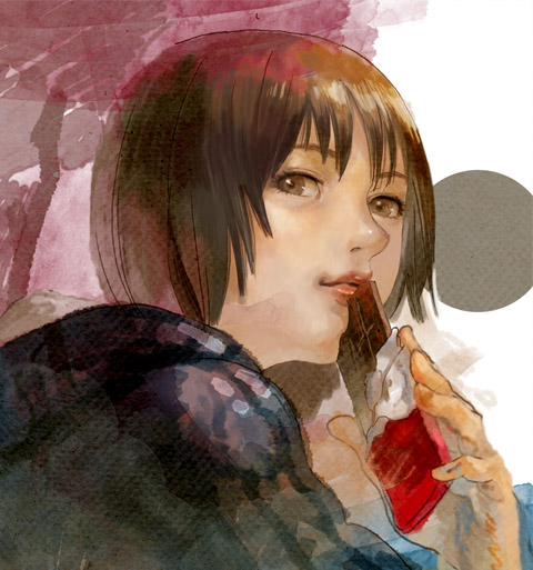 1girl abstract_background black_jacket brown_eyes brown_hair candy chocolate chocolate_bar food jacket kui_ryouko looking_at_viewer non-web_source original painting_(medium) red_lips short_hair source_request traditional_media tree watercolor_(medium)