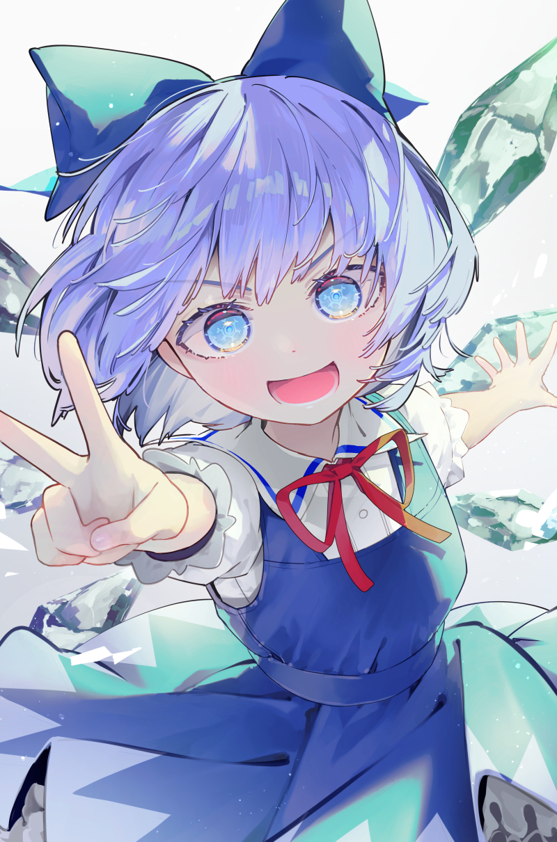 1girl blue_bow blue_dress blue_eyes blue_hair blush bow cirno collared_shirt detached_wings dress fairy hair_bow highres ice ice_wings looking_at_viewer open_mouth shirt short_hair short_sleeves simple_background smile solo syuri22 touhou v v-shaped_eyebrows white_background white_shirt wings