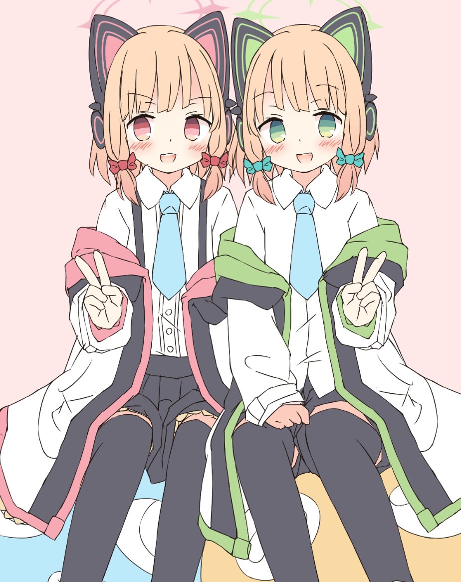 2girls animal_ear_headphones animal_ears black_shorts black_skirt black_thighhighs blonde_hair blue_archive blue_necktie blush bow cat_ear_headphones collared_shirt fake_animal_ears feet_out_of_frame green_bow green_eyes green_halo green_hood hair_bow halo headphones hood hooded_jacket jacket kamotsu_yasai looking_at_viewer low-tied_sidelocks midori_(blue_archive) momoi_(blue_archive) multicolored_clothes multicolored_jacket multiple_girls necktie open_mouth pink_bow pink_eyes pink_halo pink_hood pleated_skirt sepia_background shirt short_hair shorts siblings sisters sitting sitting_on_object skirt smile suspenders thigh-highs twins v white_shirt