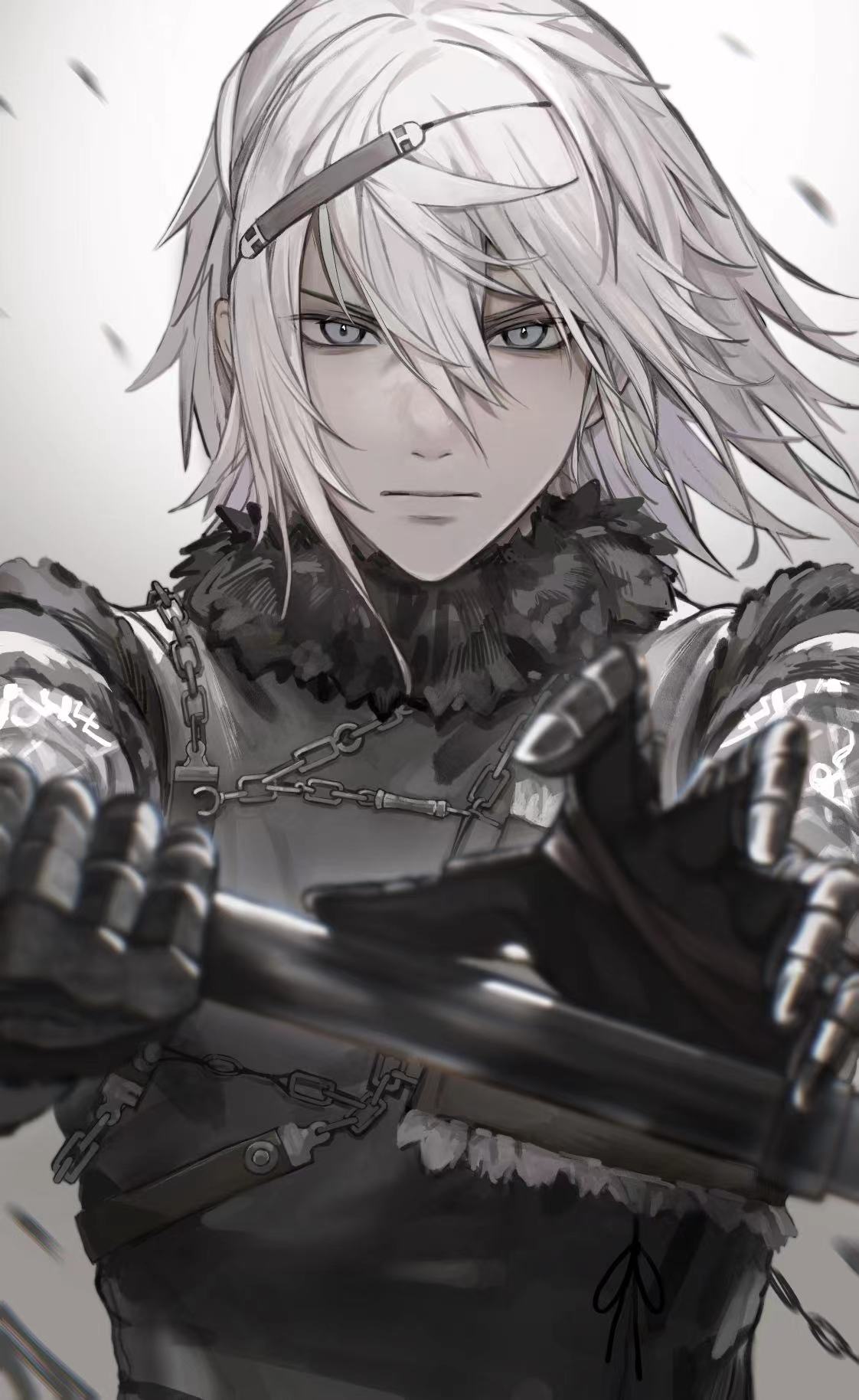 1boy chain closed_mouth commentary floating_hair fur_collar fur_trim gauntlets grey_eyes hair_between_eyes highres holding holding_weapon looking_at_viewer male_focus medium_hair nier nier_(series) nier_(young) serious simple_background solo tricoliet weapon white_background white_hair