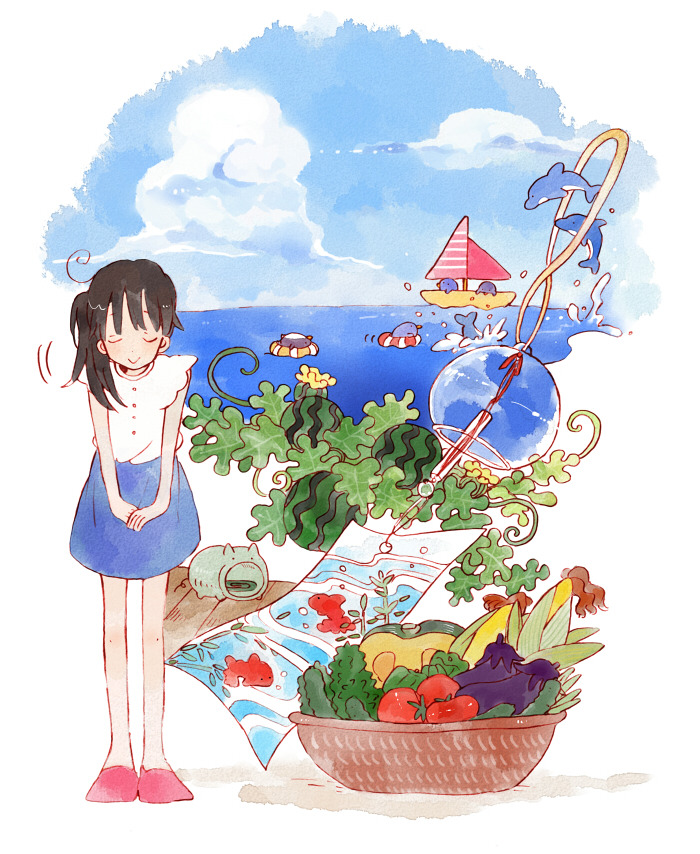 1girl bare_arms basket black_hair blouse blue_skirt blue_sky boat bowing buttons check_copyright closed_eyes closed_mouth clouds commentary_request copyright_request corn cucumber day dolphin eggplant food fruit full_body h_kawa innertube koinobori leaf leaning_forward light_blush long_hair loose_hair_strand miniskirt motion_lines ocean original outdoors own_hands_together pickle pink_footwear plant sailboat shadow shirt shoes short_sleeves side_ponytail simple_background skirt sky smile solo splashing tomato vines watercraft watermelon white_background white_shirt white_sleeves windsock wooden_floor