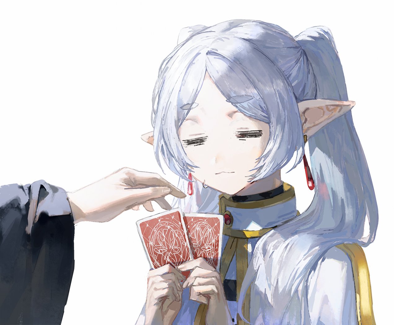 2girls capelet card closed_eyes closed_mouth earrings fern_(sousou_no_frieren) fingernails frieren holding holding_card jewelry long_hair multiple_girls parted_bangs pointy_ears quasarcake simple_background sousou_no_frieren sweatdrop upper_body white_background white_capelet white_hair
