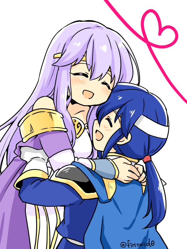 1boy 1girl blue_cape blue_hair brother_and_sister cape circlet closed_eyes dress fire_emblem fire_emblem:_genealogy_of_the_holy_war headband holding hug julia_(fire_emblem) lifting_person long_hair open_mouth ponytail purple_hair seliph_(fire_emblem) siblings simple_background white_headband yukia_(firstaid0)