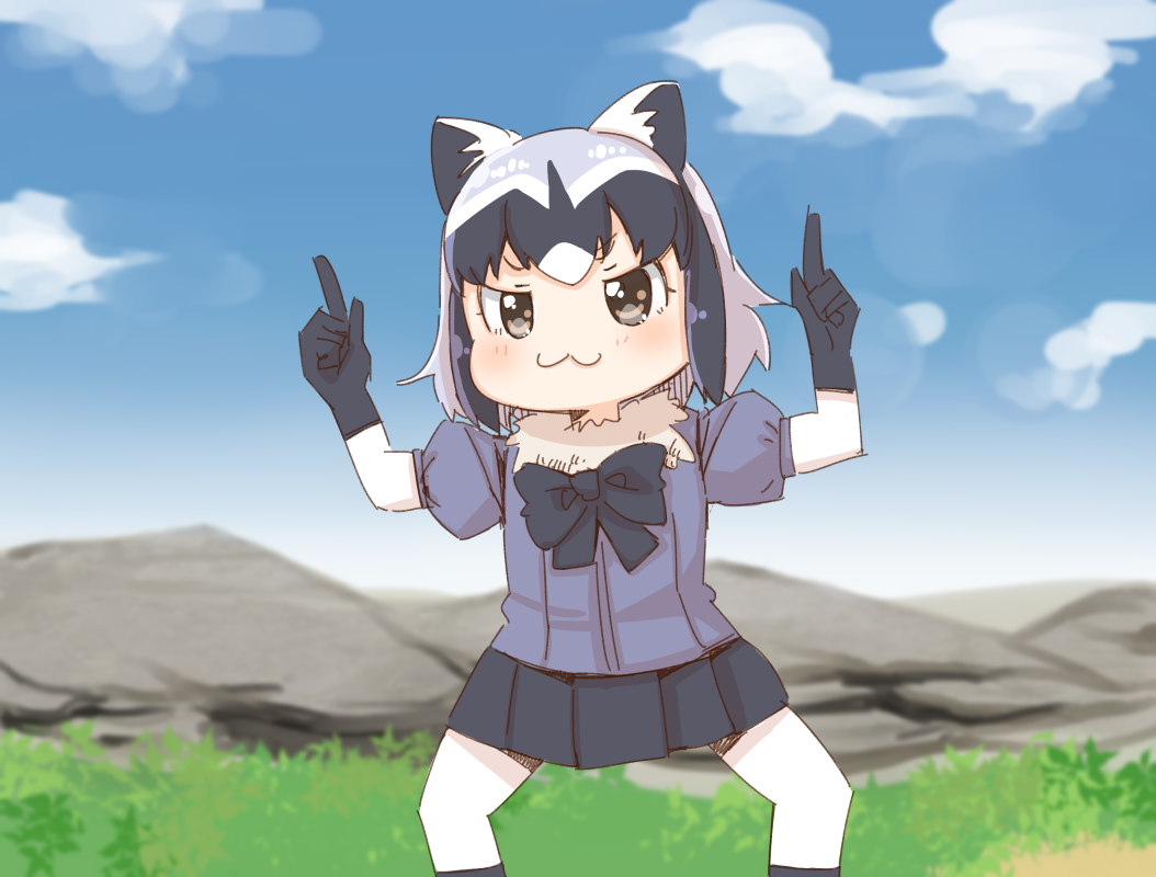1girl :3 animal_ear_fluff animal_ears black_bow black_hair black_skirt blue_sky blurry blurry_background blush bow brown_eyes closed_mouth clouds commentary_request common_raccoon_(kemono_friends) day depth_of_field feet_out_of_frame fur_collar grey_hair hands_up index_finger_raised jacket kemono_friends legs_apart looking_at_viewer multicolored_hair outdoors pantyhose pleated_skirt puffy_short_sleeves puffy_sleeves purple_jacket raccoon_ears short_sleeves skirt sky solo standing two-tone_hair white_hair white_pantyhose yukie_(kusaka_shi)