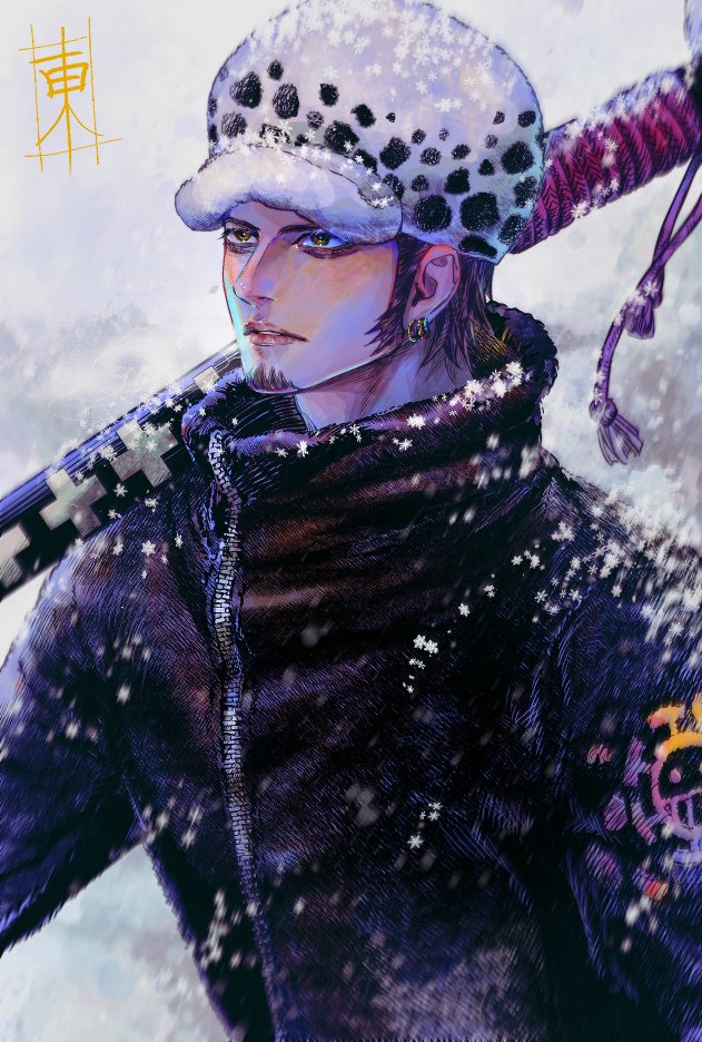 1boy animal_ears black_coat black_hair coat commentary_request eg_(eastg111) facial_hair fur_hat goatee hat holding holding_sheath holding_sword holding_weapon korean_commentary lips long_sleeves male_focus one_piece parted_lips sheath sheathed short_hair snow snowing snowstorm solo sword trafalgar_law weapon yellow_eyes