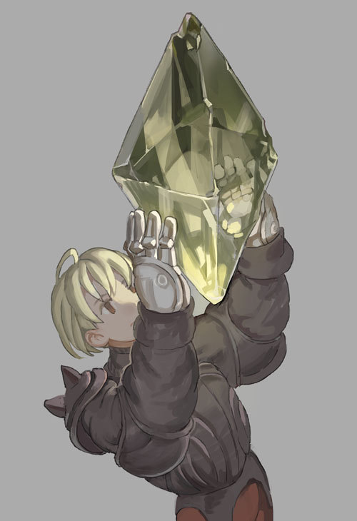 1boy ahegao armor blonde_hair breastplate brown_eyes cropped_legs crystal dennannote final_fantasy final_fantasy_tactics gauntlets grey_background holding_crystal male_focus ramza_beoulve shoulder_armor solo spikes