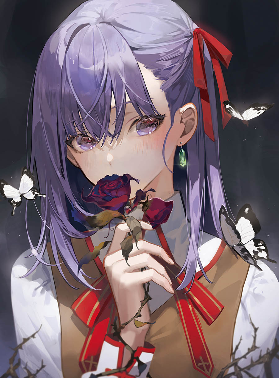 1girl blush brown_vest bug butterfly chyoel earrings fate/stay_night fate_(series) flower flower_over_mouth hair_between_eyes hair_ribbon highres holding holding_flower homurahara_academy_school_uniform jewelry long_hair looking_at_viewer matou_sakura neck_ribbon purple_hair red_flower red_ribbon red_rose ribbon rose school_uniform shirt solo thorns upper_body vest violet_eyes white_shirt
