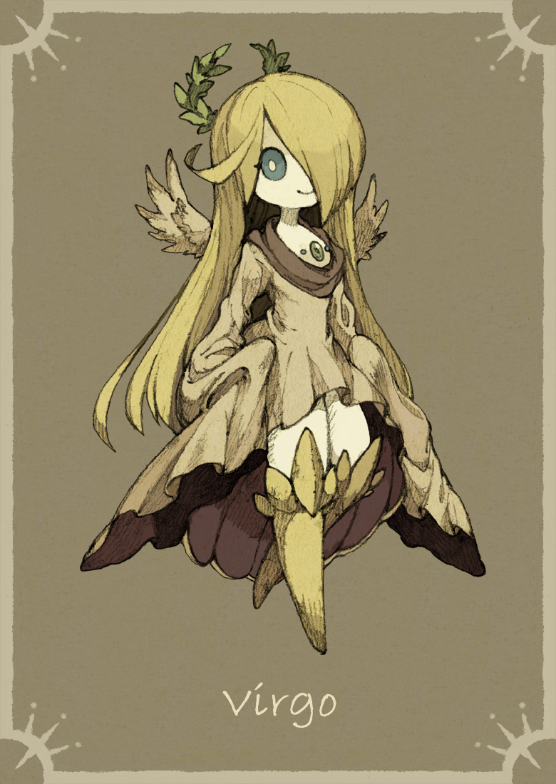 blonde_hair blue_eyes brooch brown_background brown_scarf colored_skin feathered_wings furry hair_over_one_eye jewelry long_hair long_sleeves looking_at_viewer maniani original scarf virgo_(zodiac) white_skin wings wreath_halo zodiac
