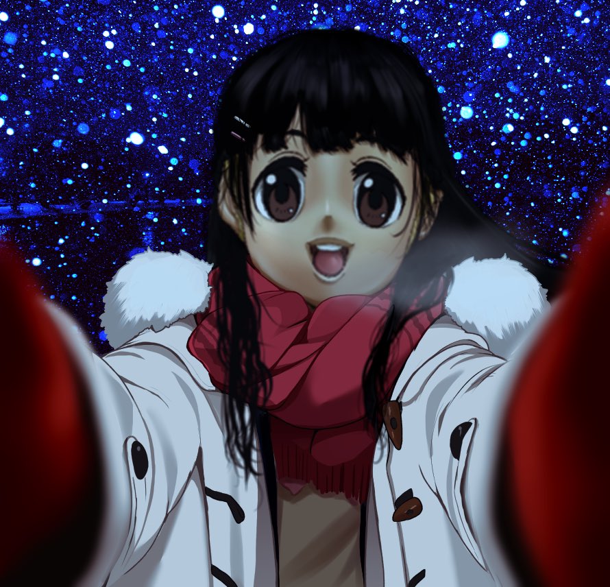 1other ambiguous_gender blunt_bangs brown_eyes coat duffel_coat fur-trimmed_coat fur_trim gloves hair_ornament hairclip light_particles long_hair long_sleeves looking_at_viewer meme nazono_mito nijisanji open_clothes open_coat open_mouth pov_cheek_warming_(meme) reaching reaching_towards_viewer red_gloves red_scarf scarf sidelocks smile solo tengu_nimuru virtual_youtuber white_coat winter_gloves