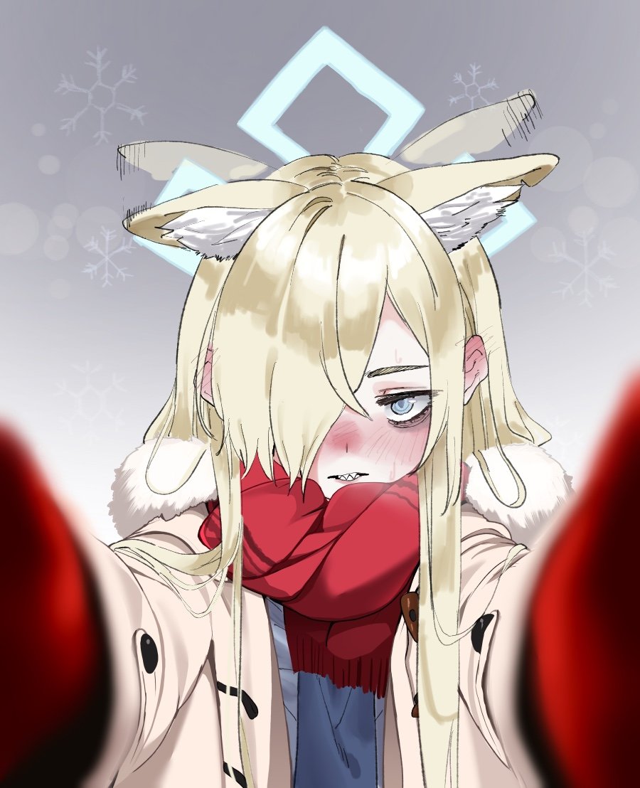 1girl animal_ear_fluff animal_ears blonde_hair blue_archive blue_eyes blue_halo blush coat dog_ears extra_ears fur-trimmed_coat fur_trim gloves hair_over_one_eye halo holding kanna_(blue_archive) long_hair long_sleeves lonklink looking_at_viewer meme notched_ear open_clothes open_coat open_mouth pov pov_cheek_warming_(meme) reaching reaching_towards_viewer red_gloves red_scarf scarf sharp_teeth solo teeth upper_body white_coat winter winter_clothes winter_coat winter_gloves