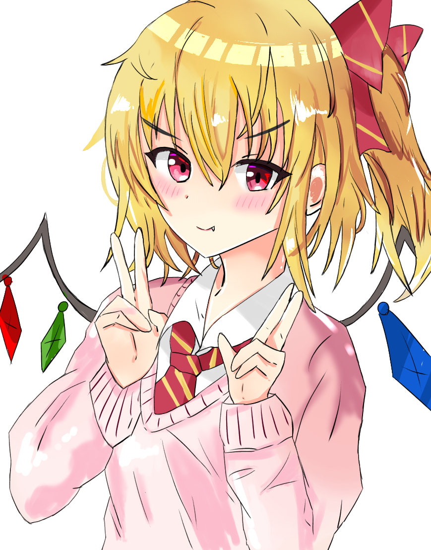 1girl alternate_costume blonde_hair blush bow collared_shirt diagonal-striped_necktie double_v fang fang_out flandre_scarlet hair_between_eyes hair_bow light_smile medium_hair multicolored_wings necktie no_headwear one_side_up pink_sweater red_bow red_eyes red_necktie shirt solo sweater touhou touhourennsyuu upper_body v v-shaped_eyebrows white_shirt wings